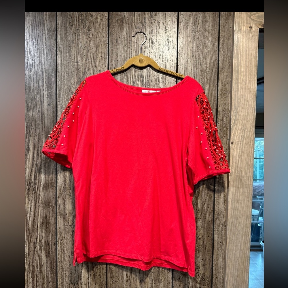 Quacker Factory Lace Sleeve Knit T-shirt with Faux Pearl Detail